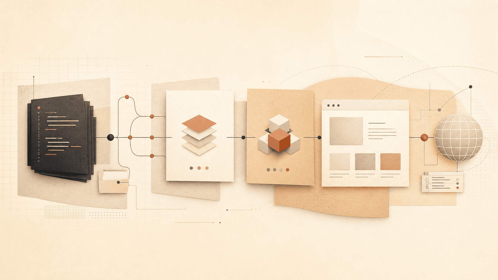 Abstract technical illustration of a Git repository flowing through deployment infrastructure into a custom domain.