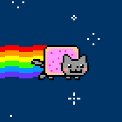 Pixel-art Nyan Cat flying through space with a rainbow trail